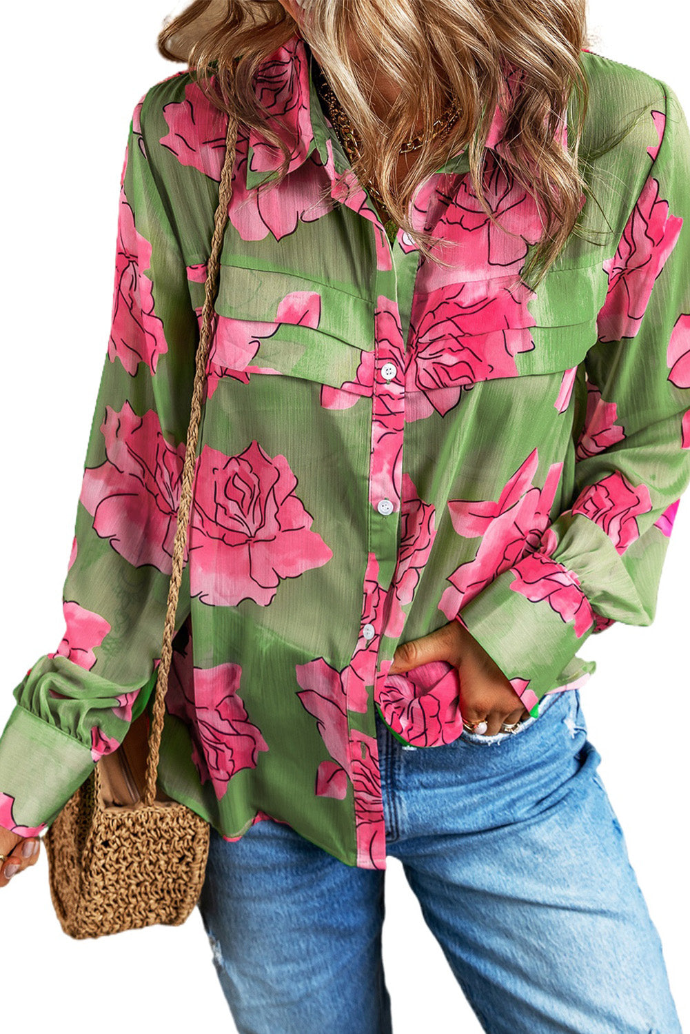 Green Floral Print Pleated Detail Puff Sleeve Shirt