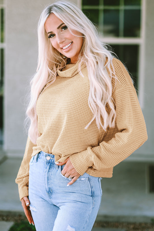 Solid Waffle Knit Turtleneck Long Sleeve Top