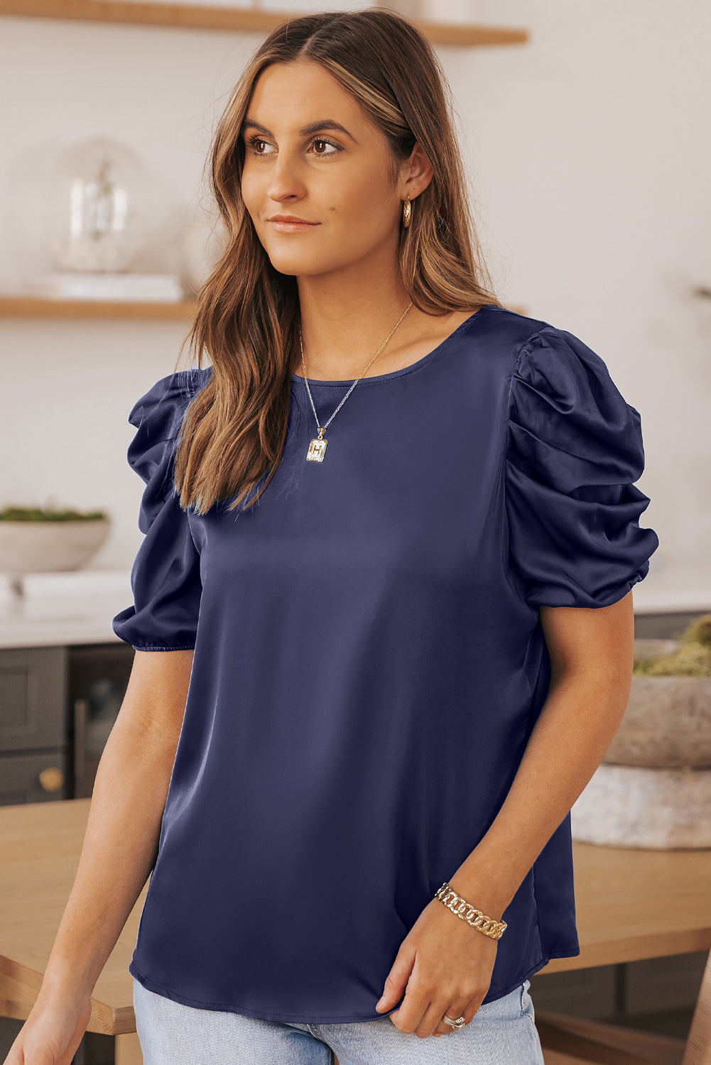 Dark Blue Ruched Puff Short Sleeve Satin Blouse