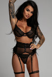 3pcs Lace Mesh Lingerie Set with Feather Garter Belt