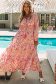 Boho Holiday Paisley Print Tiered Long Sleeve Maxi Dress