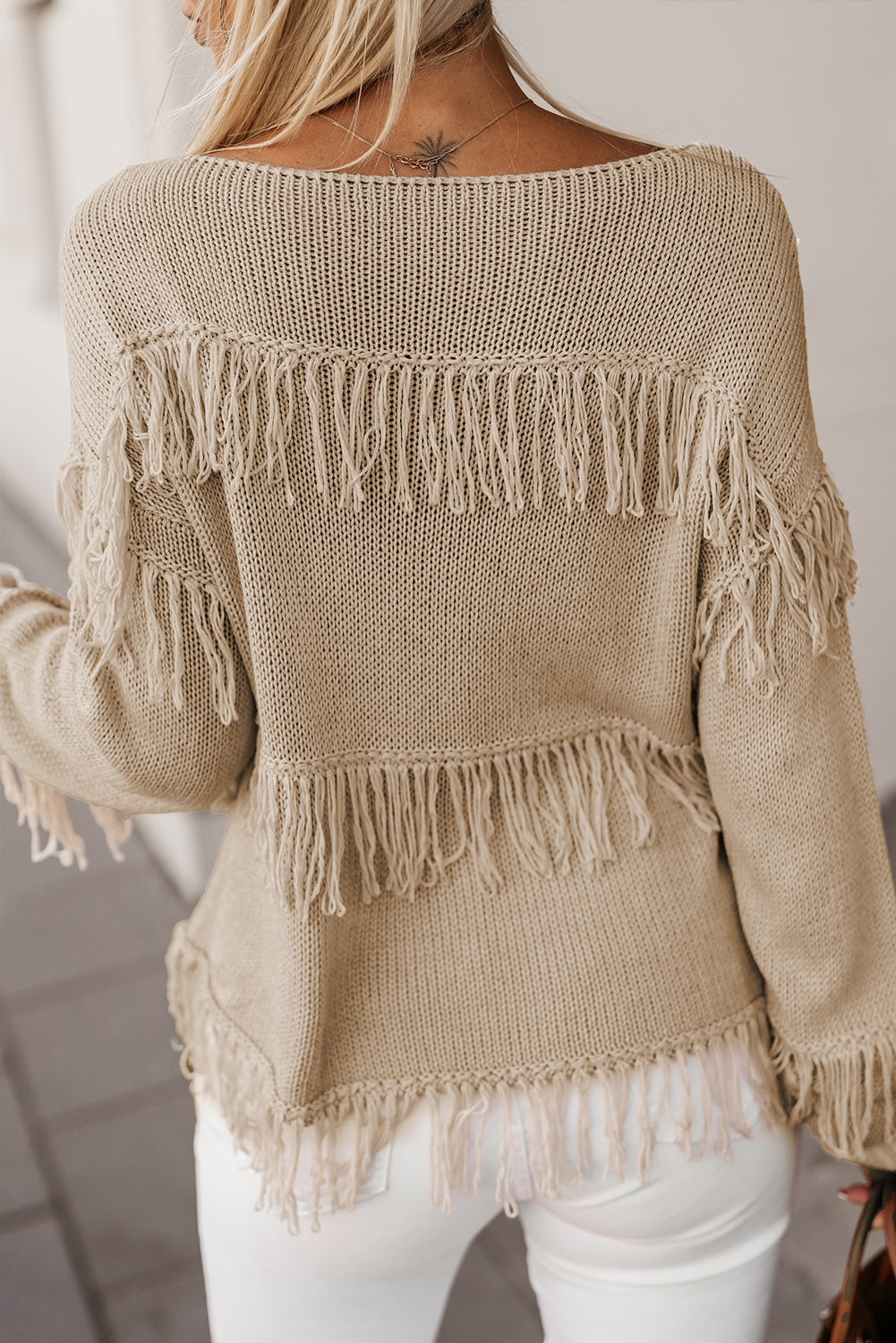 Pull tricoté à glands Boho vert