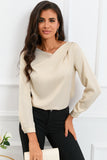 Solid Asymmetric V Neck Long Sleeve Satin Blouse