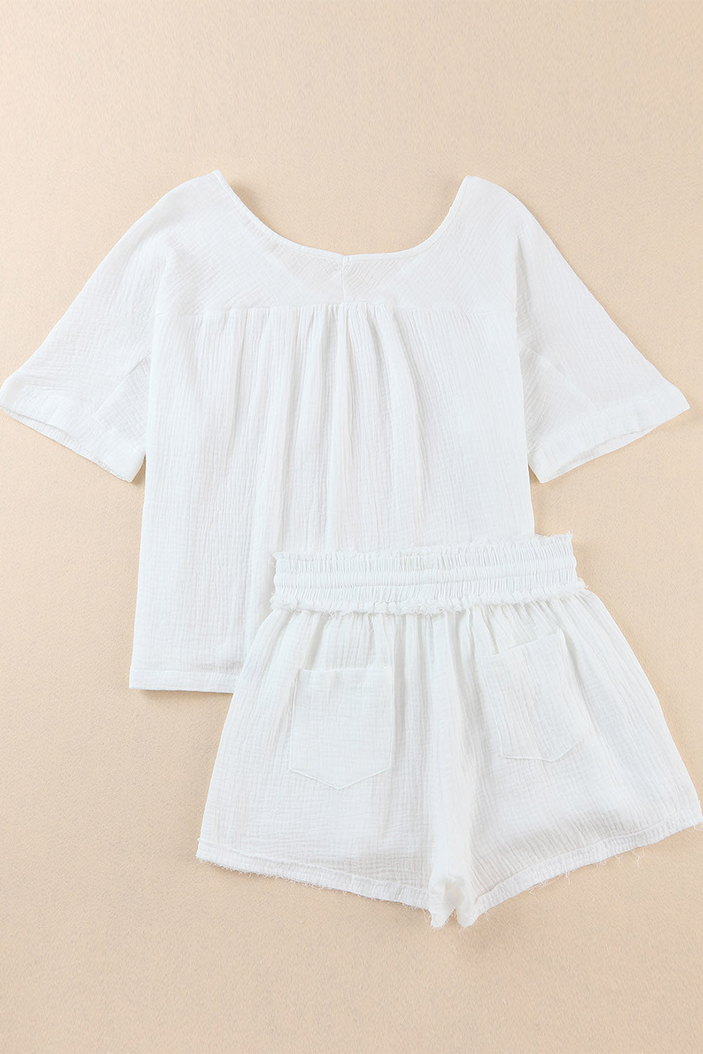 Relaxed V Neck Blouse and Drawstring Raw Hem Shorts Set