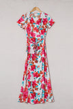 Robe longue florale à manches courtes et col en V Rose