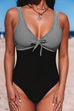 Striped Patchwork Open Back Sleeveless V Neck Swimsuit