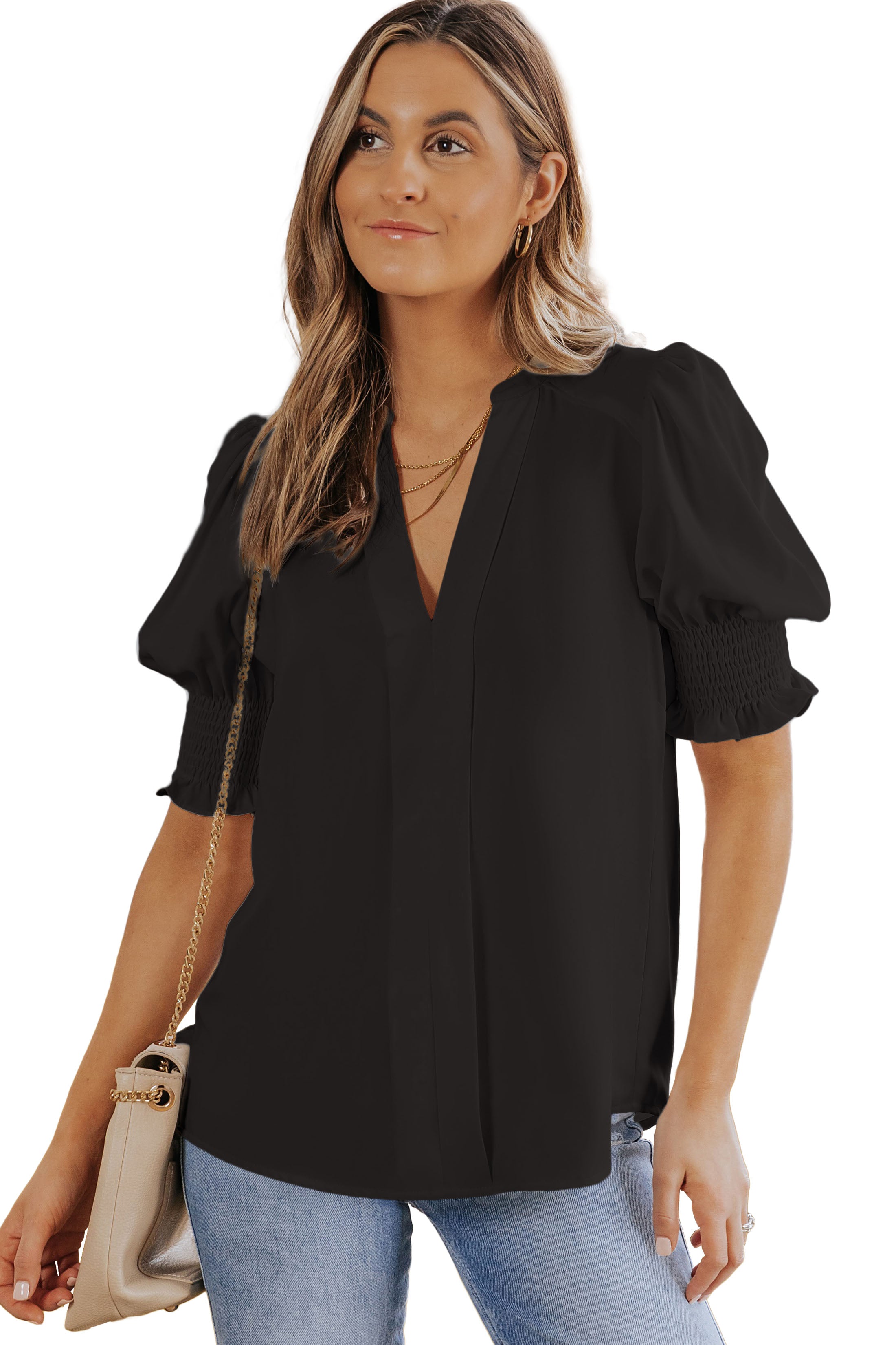 Solid Color Half Sleeve V Neck Blouse