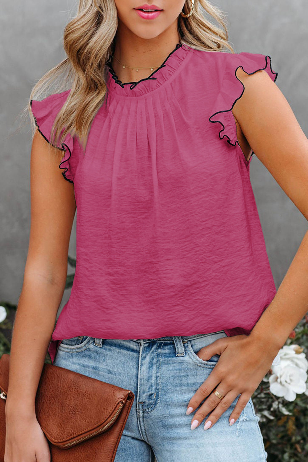 Contrast Trim Ruffled Crew Neck Sleeveless Top