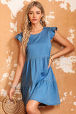 Crew Neck Flutter Tiered A-line Chambray Dress