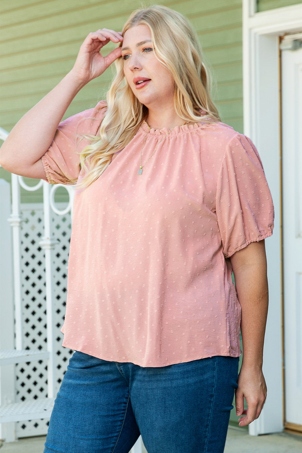 Plus Size Swiss Dot Puff Sleeves Top