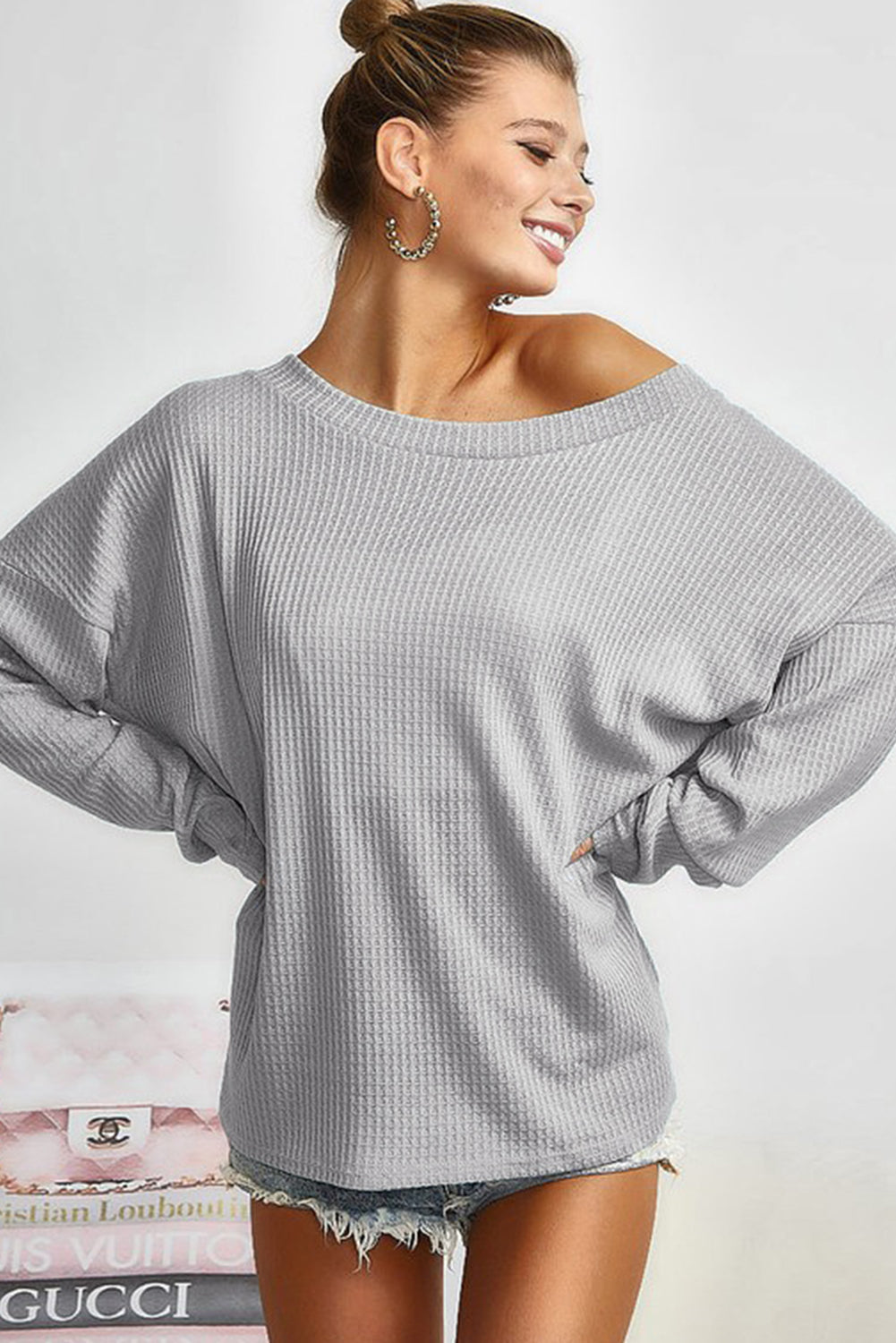 Gray V Cut Drawstring Back Waffle Knit Long Sleeve Top