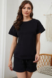 Black Textured Loose Fit T Shirt and Drawstring Pants Set