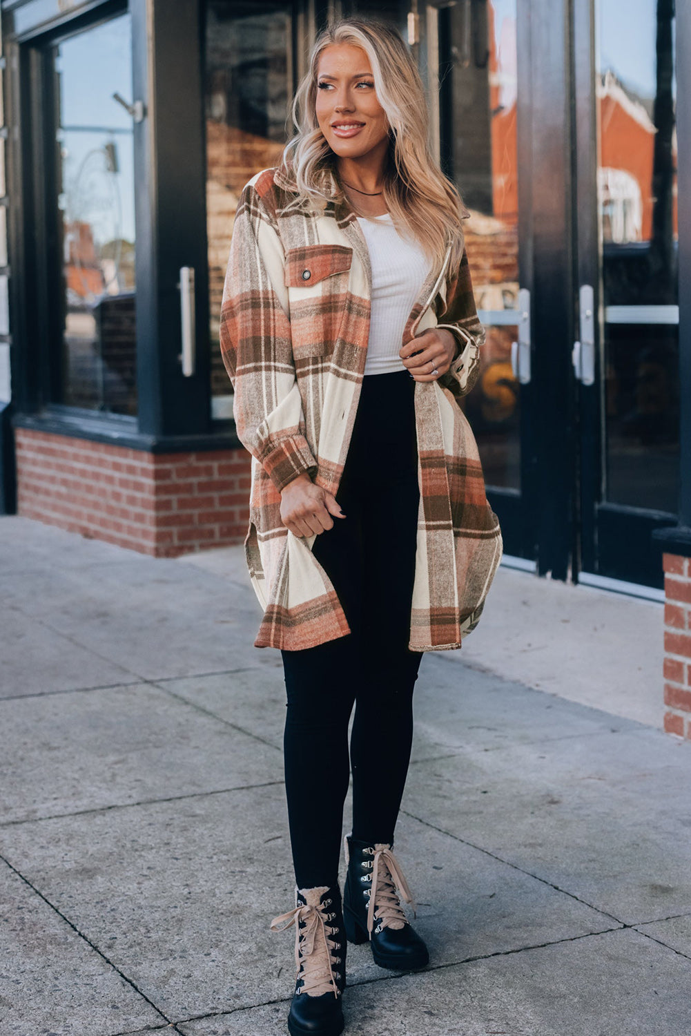 Brown Plus Size Plaid Flap Pockets Shacket