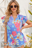 Split V Neck Flutter Floral Top