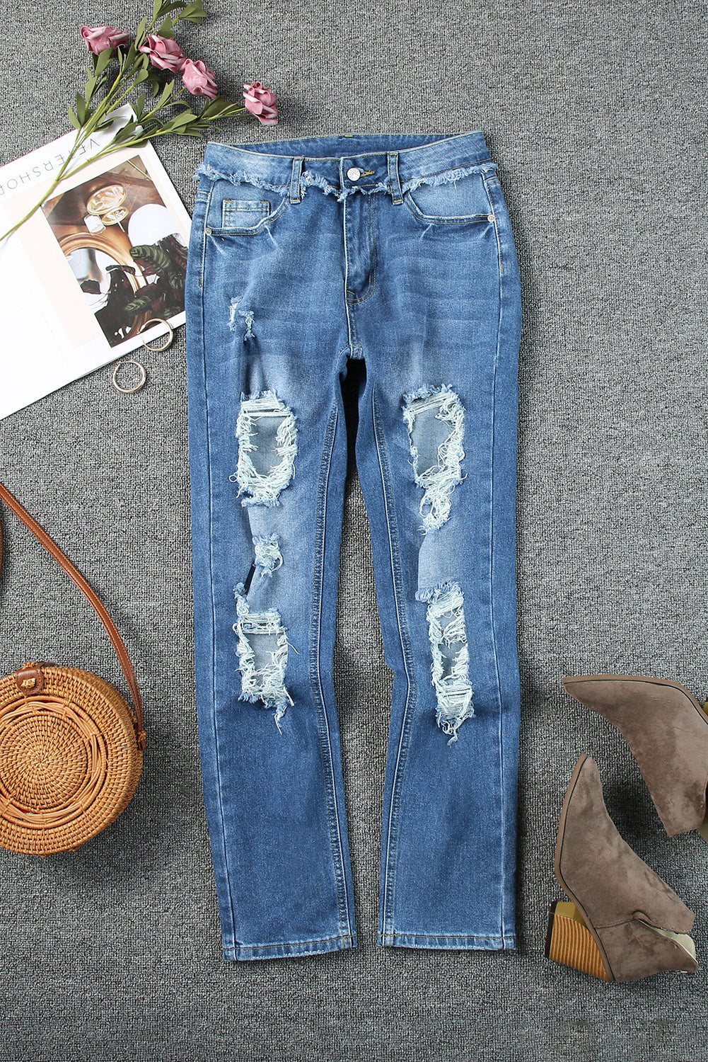 Cut Out Straight Leg Distressed Boyfriend Jeans