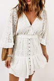 Lace Crochet Buttons Bell Sleeve V Neck Mini Dress