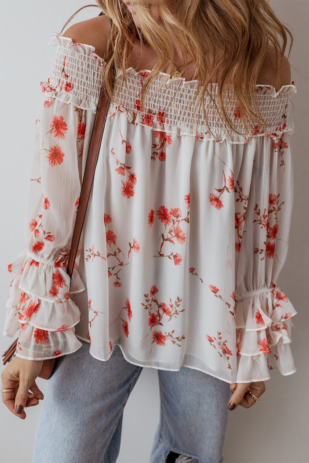 White Floral Print Shirred Off Shoulder Ruffled Sleeve Blouse