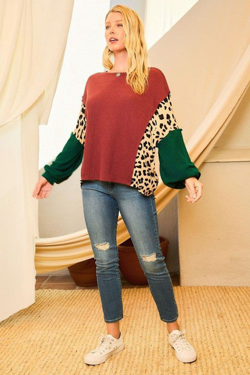 Leopard Splicing Waffle Color Block Puff Sleeve Top