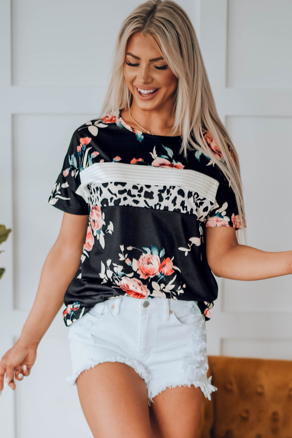 Leopard Striped Floral T Shirt