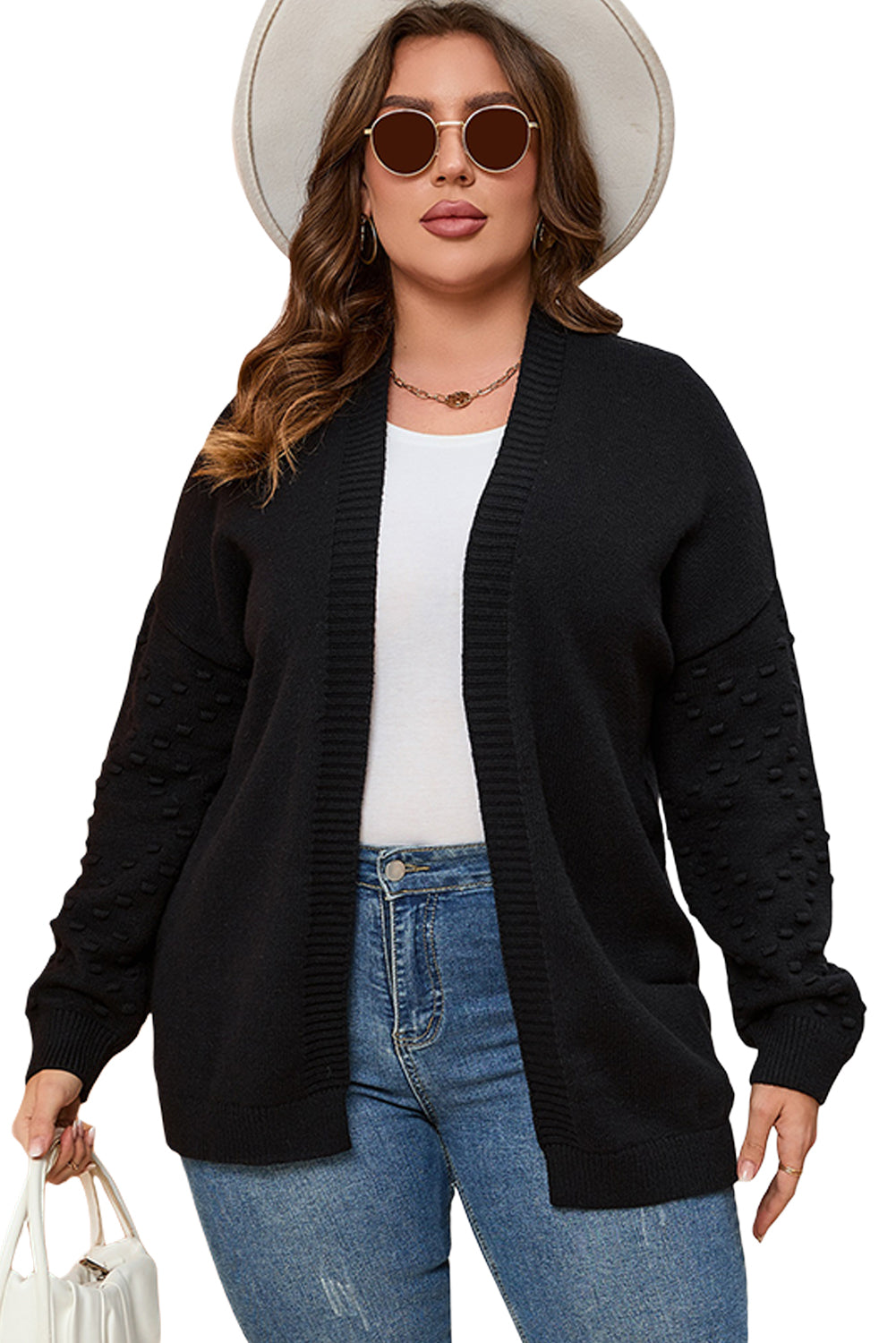 Pom Pom Detail Open Front Plus Size Cardigan