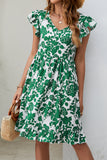 Dark Green Leaf Print V Neck Flutter Sleeve Dress