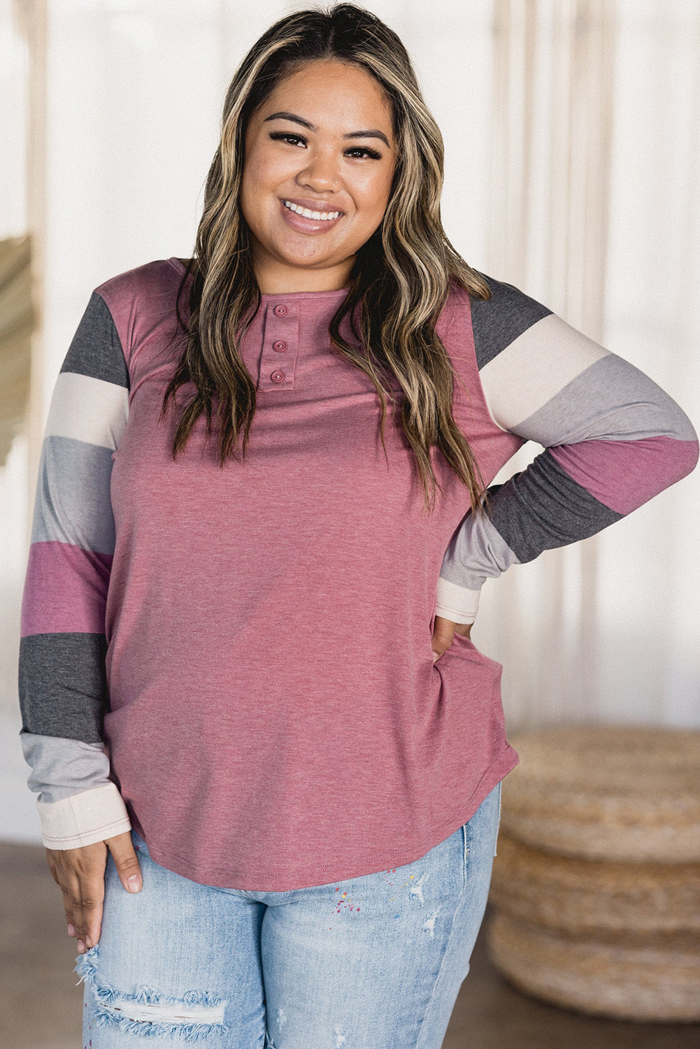 Candy Striping Sleeve Plus Size Top