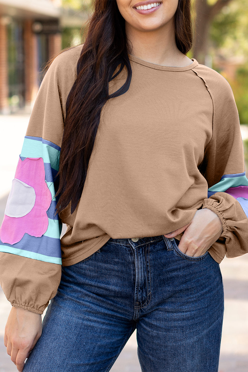 Sail Blue Flower Patchwork Raglan Sleeve Exposed Seam Oversized Top