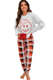 Christmas Smile Face Print Top and Plaid Pants Lounge Set