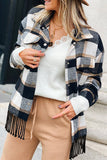 Black Plaid Snap Button Pocket Fringed Hem Jacket