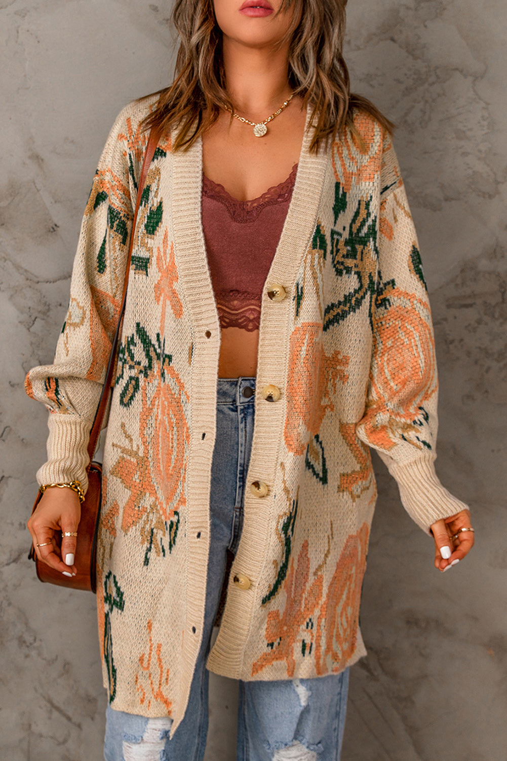 Abstract Floral Knit Button Down Long Cardigan