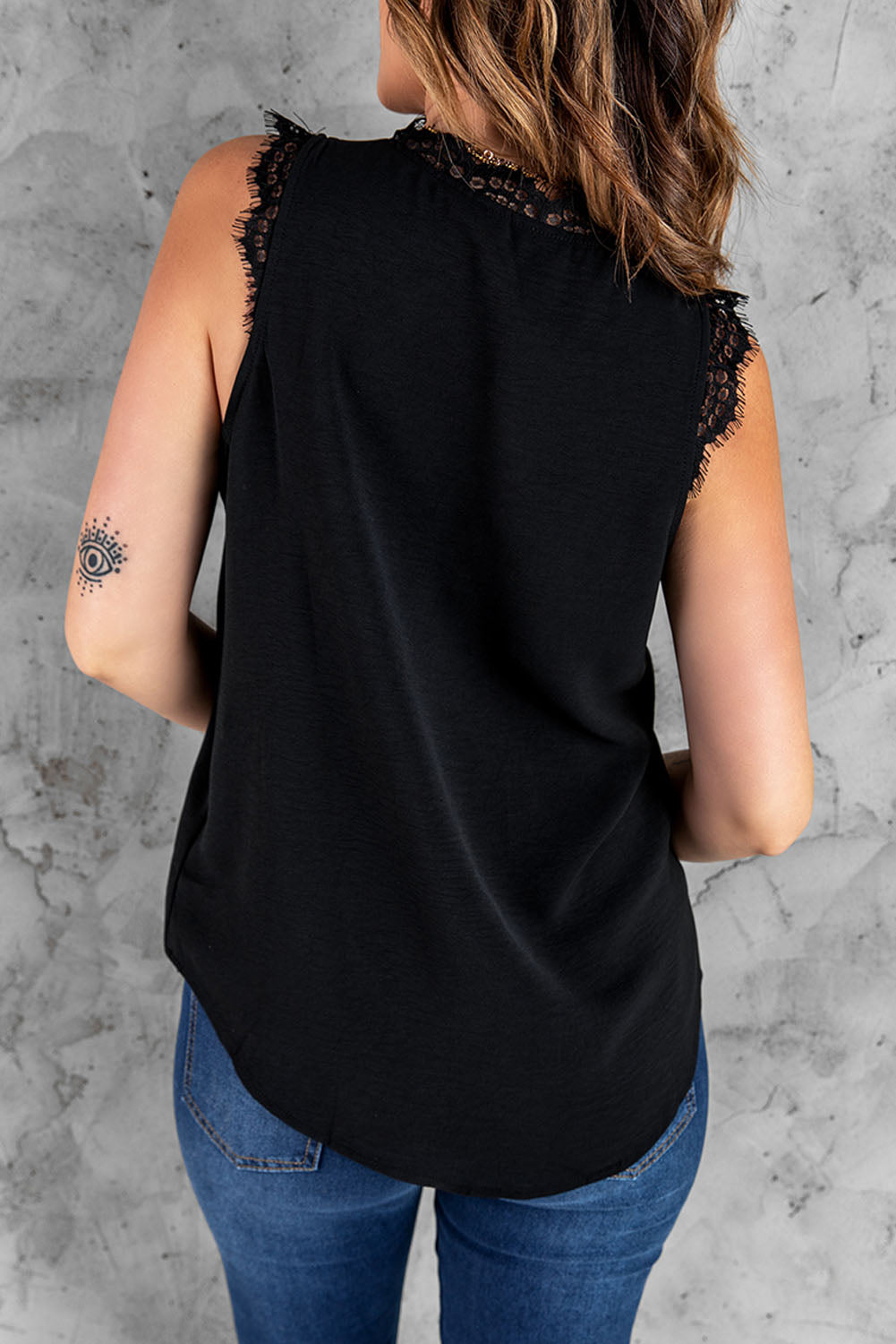 Sleeveless Eyelash Lace V Neck Tank Top