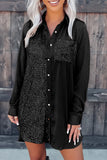 Sequin Splicing Pocket Buttoned Shirt Dress