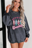 Pink Solid Ribbed Knit Round Neck Pullover Sweatshirt