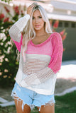 Color Block Eyelet Long Sleeve Twisted Back Knit Top