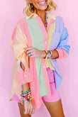 Pink Stripe Color Block Chest Pocket Oversized Shirt