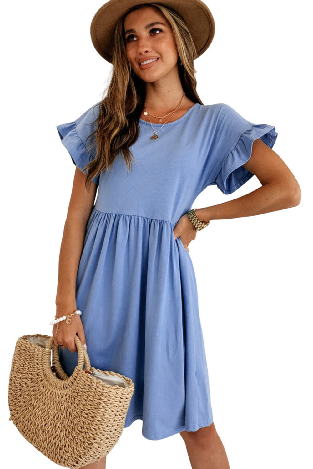 Round Neck Ruffle Sleeve Loose Dress