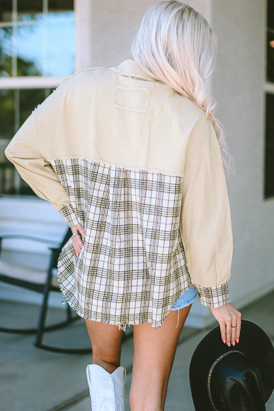 Distressed Raw Edge Plaid Patchwork Denim Jacket