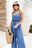 Buttoned Wide Leg Belted Chambray Strappy Jumpsuit