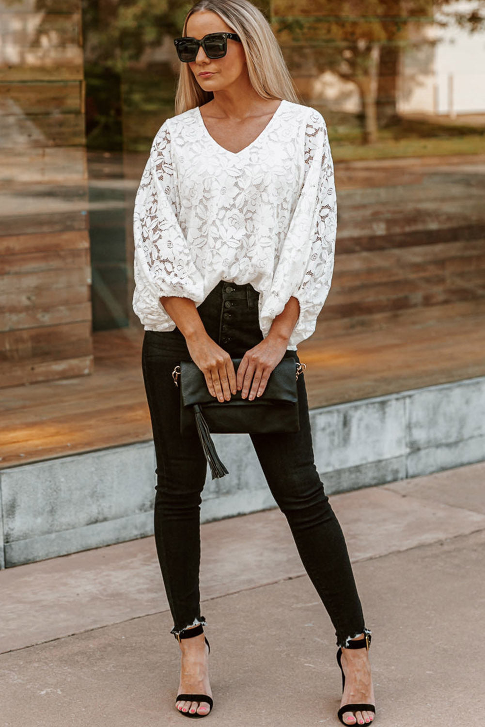 Floral Lace Crochet Loose Fit V Neck Top