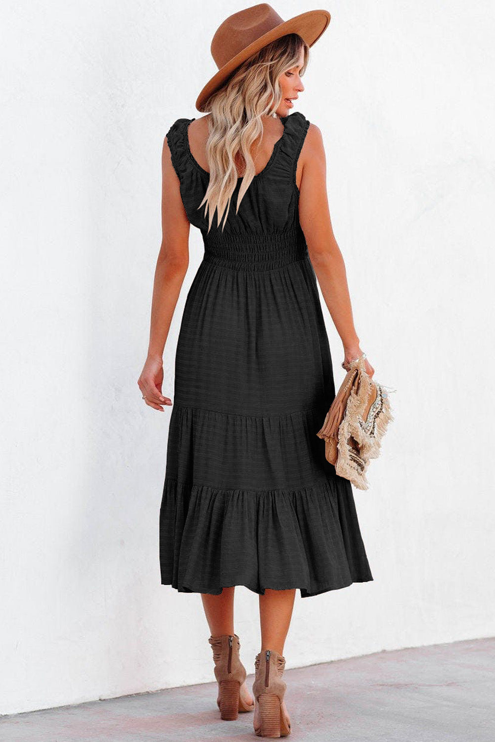 U-Neck Sleeveless Ruched Tiered Ruffled Midi Dress