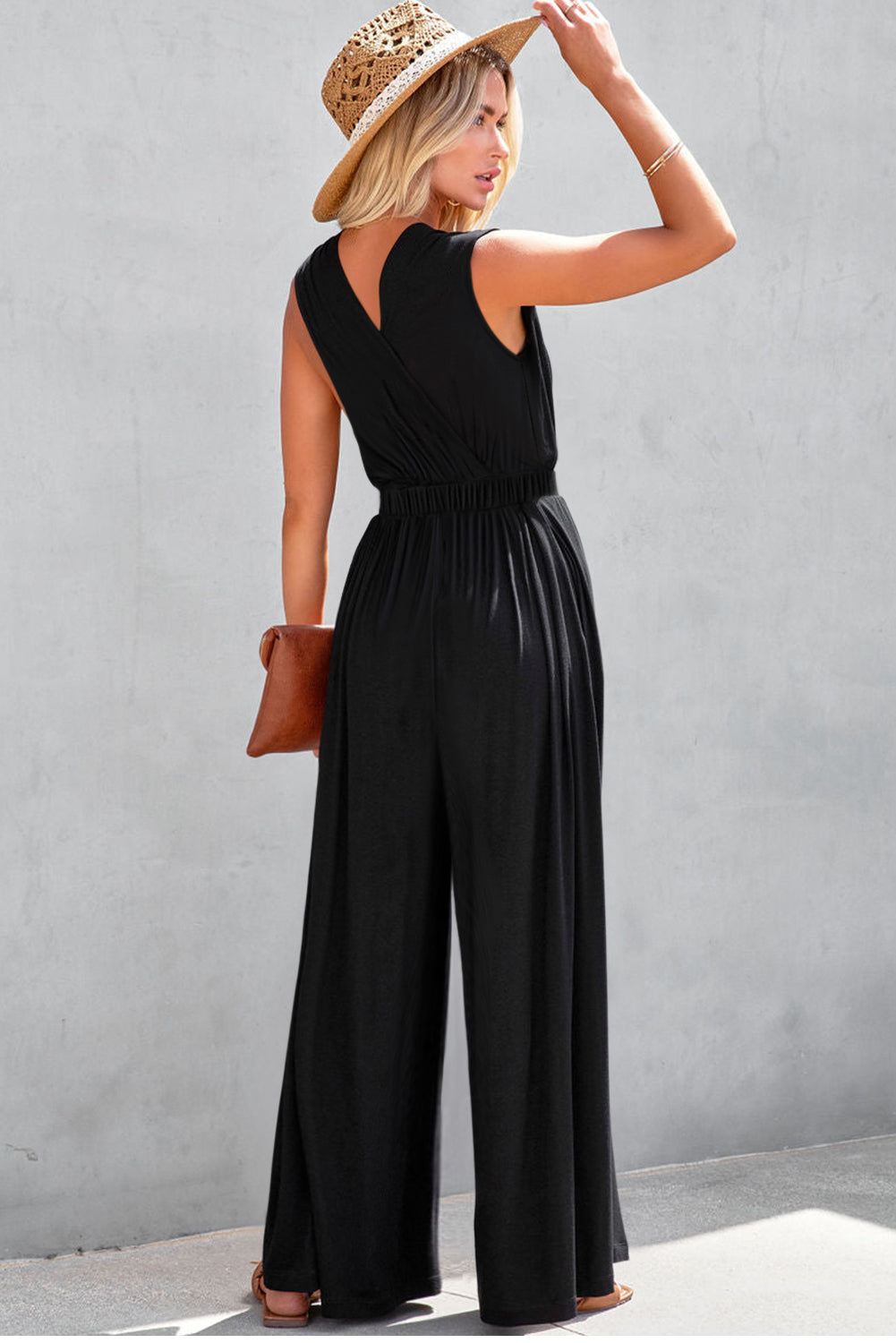 Jungle Green Deep V Pleated Crisscross Wide Leg Backless Jumpsuit