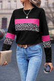 Khaki Leopard Colorblock Patchwork Crew Neck Long Sleeve Tee