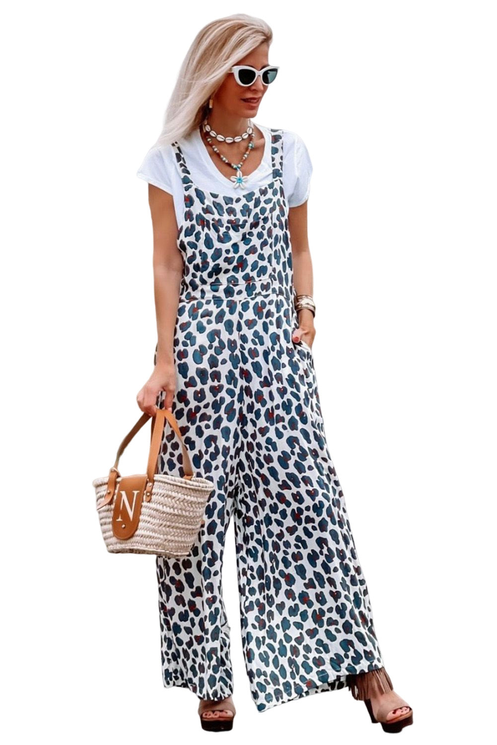 Wide Leg Leopard Print Jumpsuit Overalls