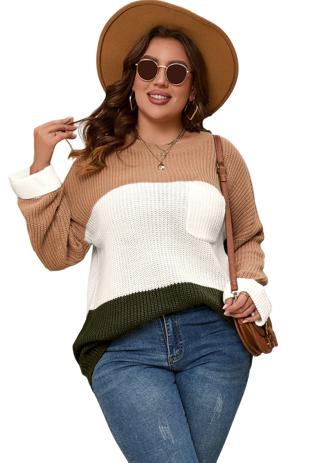 Khaki Color Block Tiered Knit Plus Size Sweater