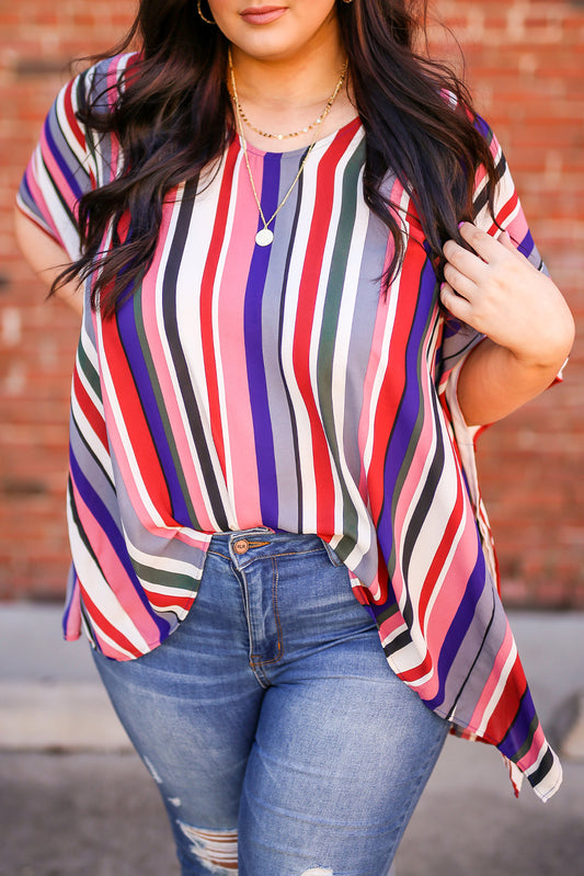 Stripe Short Sleeve Flowy Plus Size Blouse