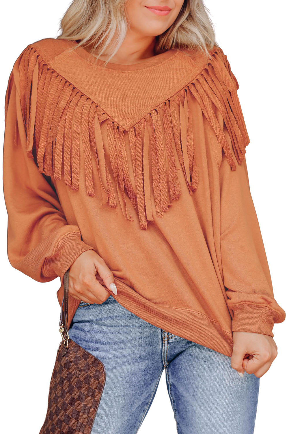 Solid Color Chevron Fringe Loose Pullover Sweatshirt