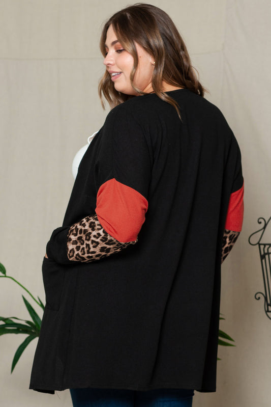 Leopard Color Block Sleeve Plus Size Cardigan