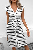 Striped Button Slit Tie V-Neck Midi Dress