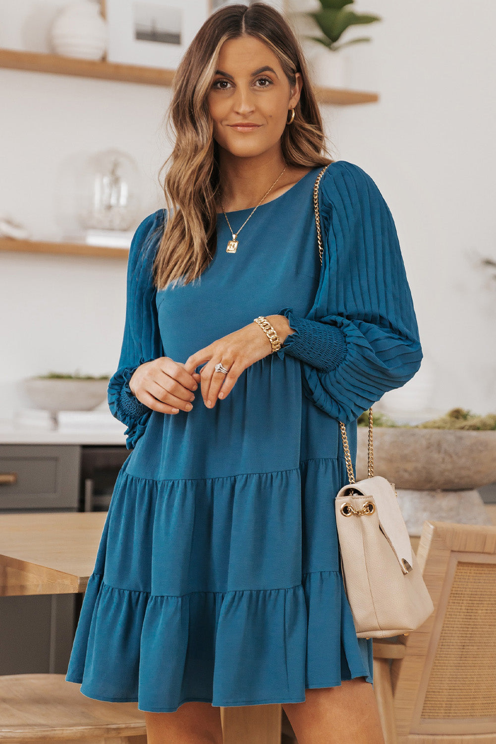 Pleated Bubble Sleeves Tiered Ruffle Mini Dress