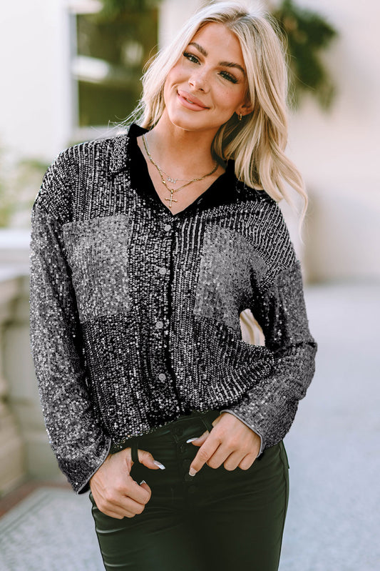 Sequin Color Block Patch Pocket Shirt